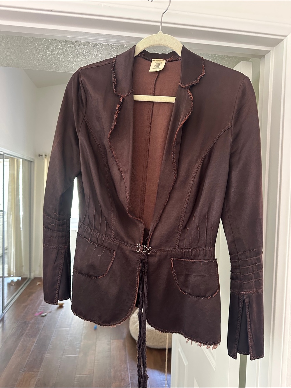 Women's Brown Leather Blazer Jacket with Tie Waist
